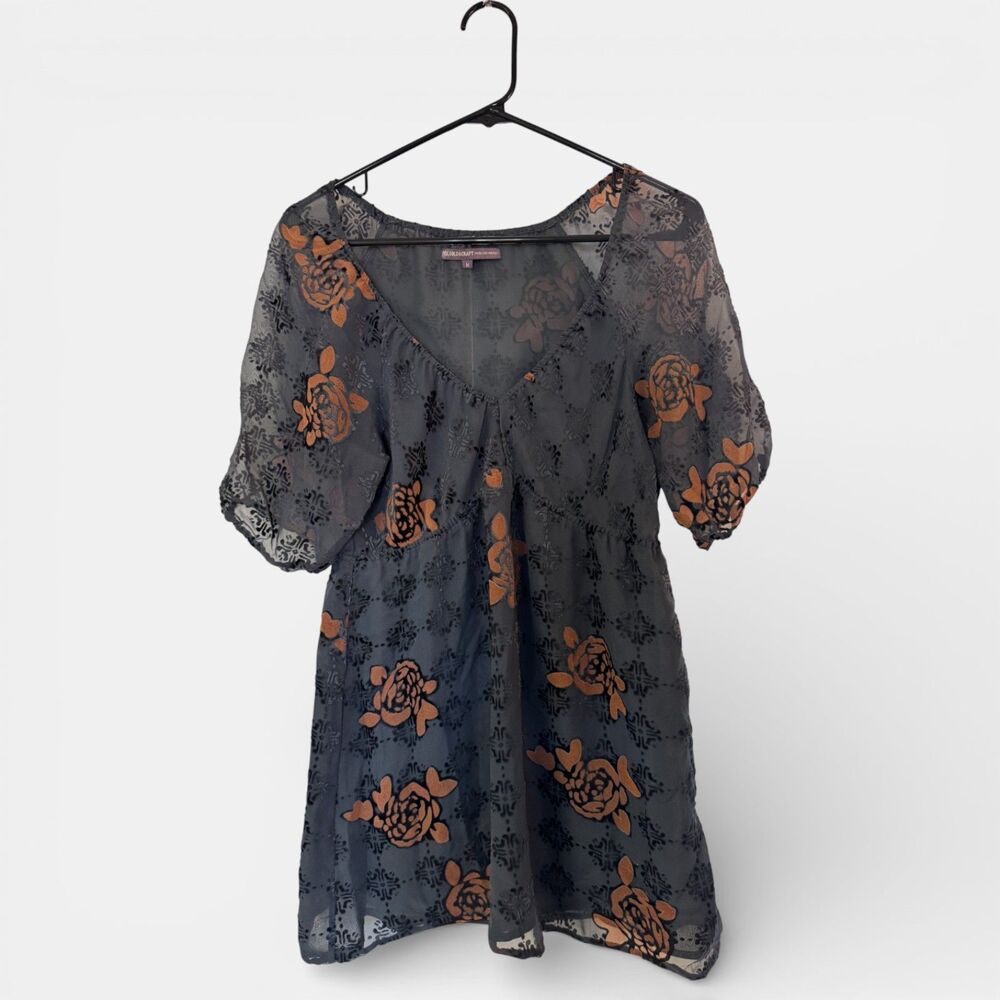 Hale Bob Floral Blouse Sheer and Velver Black and Brown Size Medium Boho